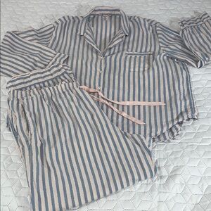 Victoria's Secret Light Pink Chambray Denim Blue Metallic Gold Stripe 2pc Pajama